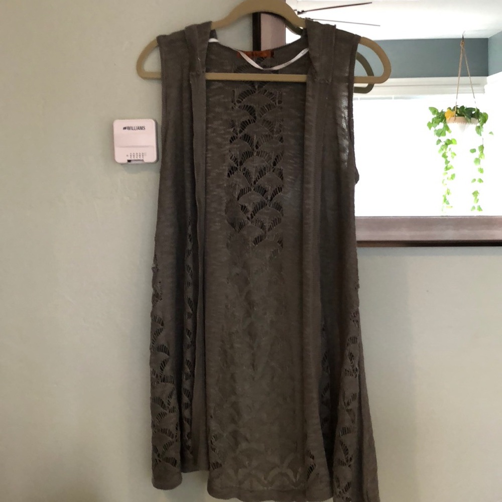 Boho chic crocheted duster vest with hood